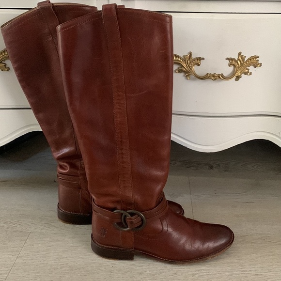 Frye Brown Shirley Leather Knee‎ High Tall Boots Women's Size 5 1/2 B riding - Picture 1 of 16